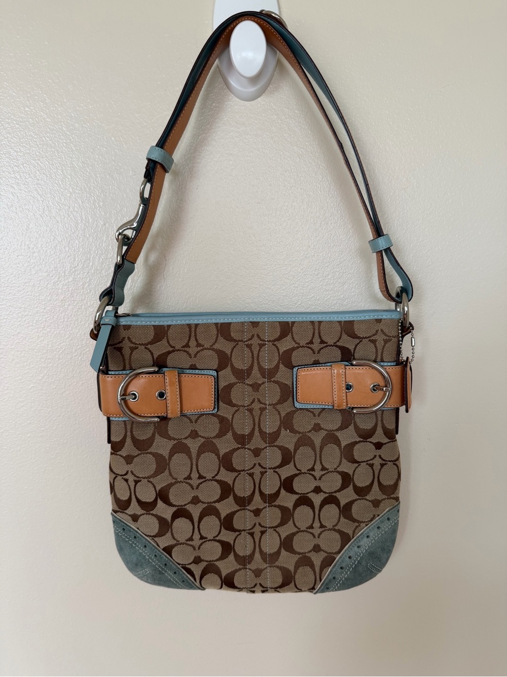 COACH Soho 1487 Signature Canvas Hobo Mint Blue Suede Y2K Convertible Shoulder